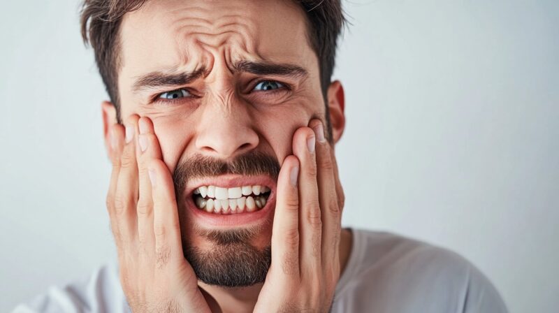 A man holding his face in pain, showing discomfort, possibly due to a toothache or dental issue