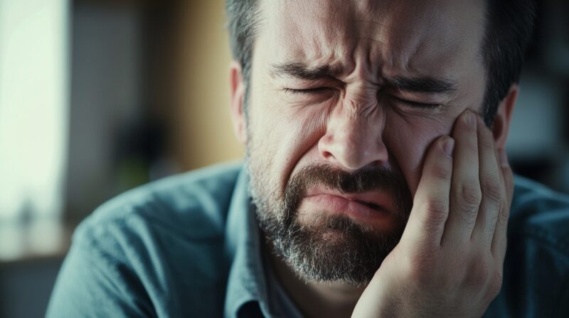 Man in pain holding his cheek, showing discomfort from a possible toothache