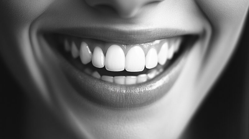 Black and white close-up of a smiling mouth showcasing clean, white teeth