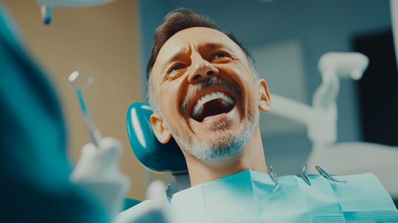 A happy man sitting in a dental chair, smiling while receiving dental care